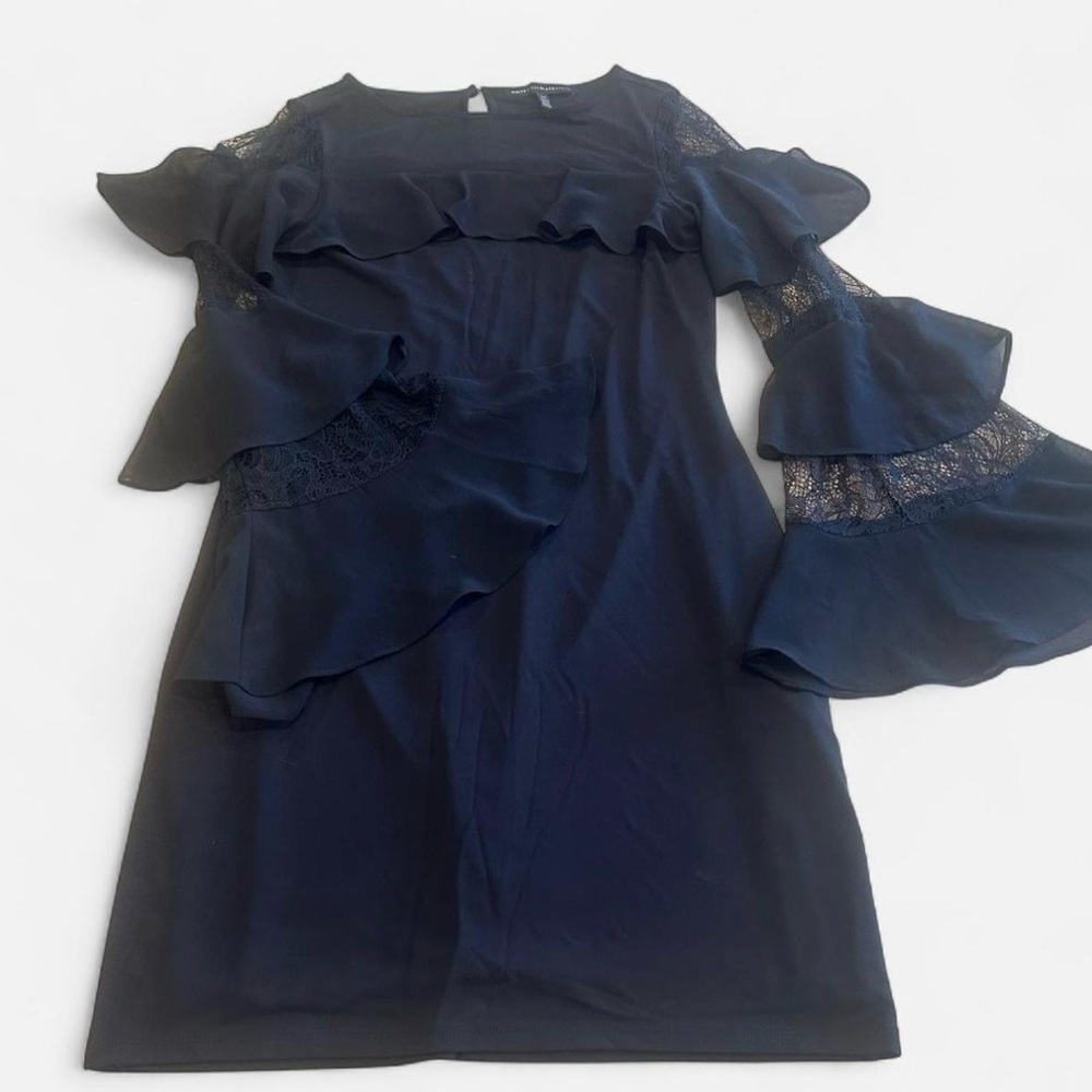 White House Black Market Black Ruffle Lace Sleeve Shift Dress XS Boho Dark Fairy